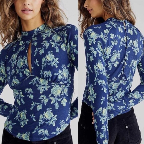 New Free People Boho Floral Keyhole Dinner Party Blouse Indigo Combo Large - Picture 1 of 12